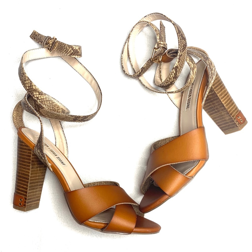 Leila Stone Cordelia Snakeskin Ankle Strap Heels
